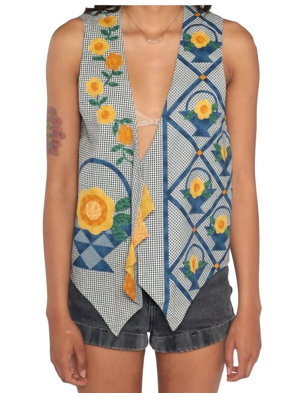 Gingham Patchwork Floral Open Front Cotton Vest 90s Vintage Bohemian Size M